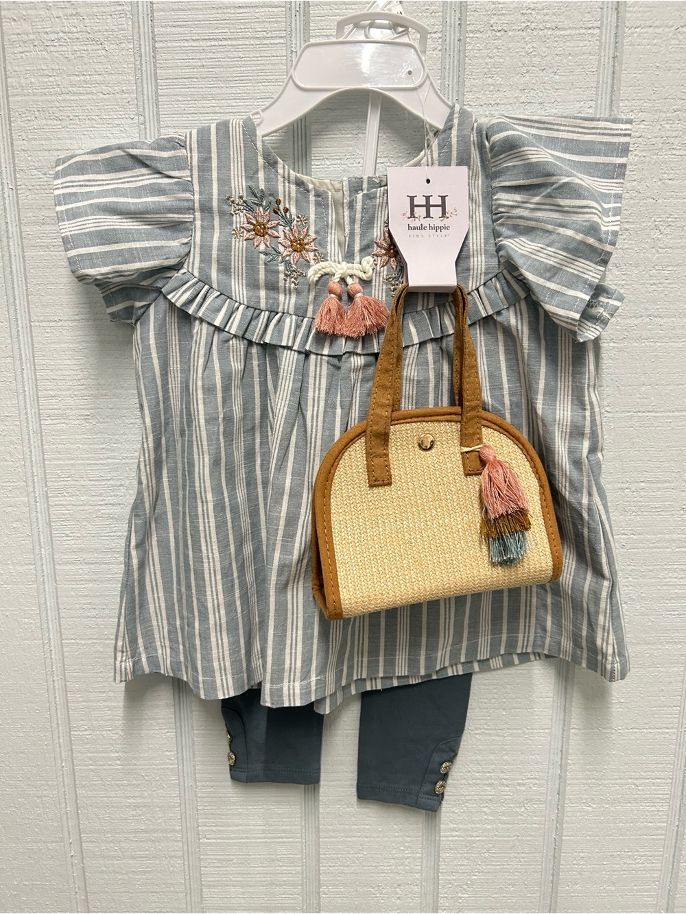 Haute Hippie Blue and White Striped Embroidered Girls' Top with Tassels